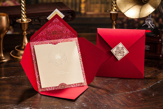 زفاف - 50 Pcs Double Happiness Red Wedding Invitation; Red Marriage Invite Cards; Square Red Pocket Invitation - Set of 50 - New