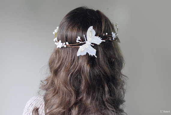 زفاف - Wedding Hair Accessories, Mint Green Butterfly Hair Circlet, Gold Pearl Hair Accessory, Wedding Bridal Head Piece Wreath - New
