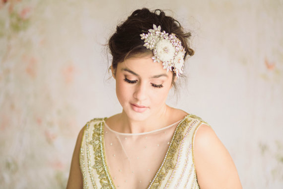 Свадьба - Gold and offwhite bridal headpiece on tulle