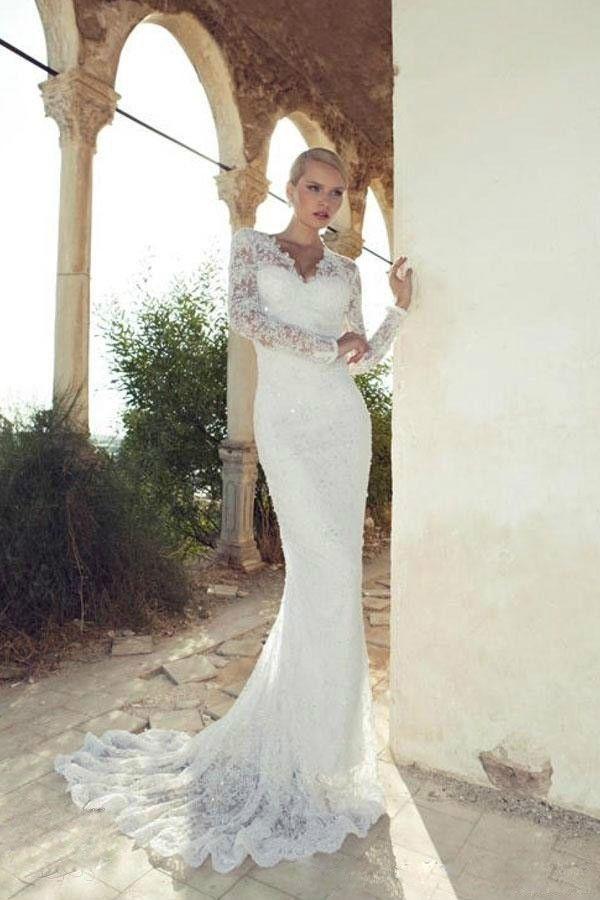 Mariage - Elegant Long Train Lace Wedding Dress Bridal Gown Custom Size 6 8 10 12 14 16   