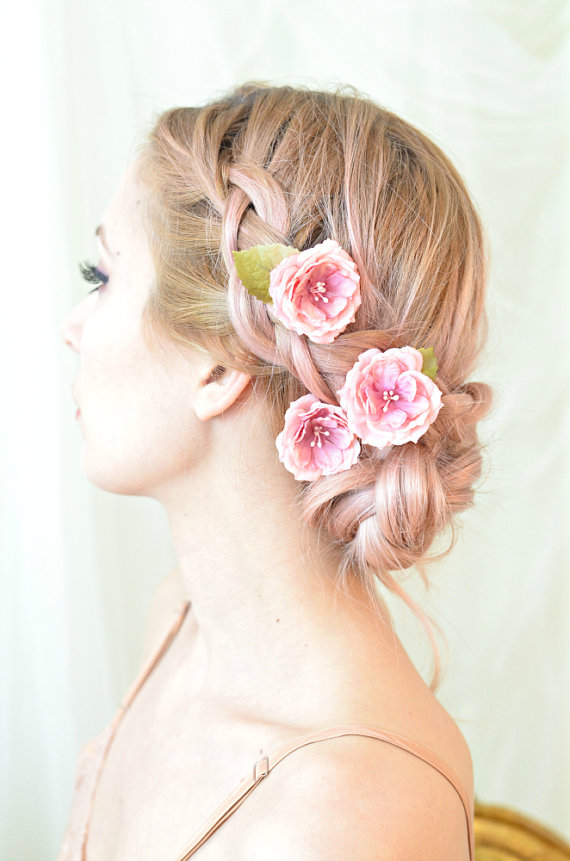 زفاف - Rose hair pins -  pink flower clips