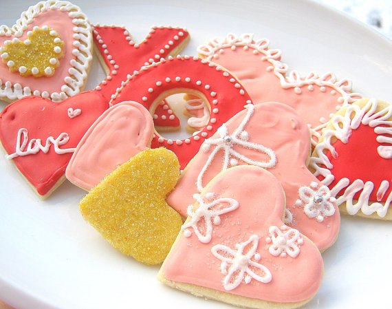 Wedding - Valentine Cookie Assortment Sugar Cookie Hearts Hugs Kisses iced Cookies - New