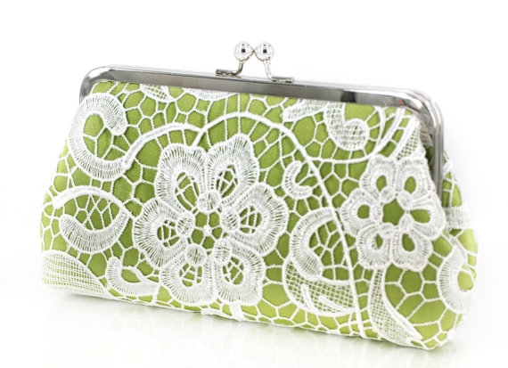 Hochzeit - Apple Green Lime Lace Clutch for Bridesmaids 
