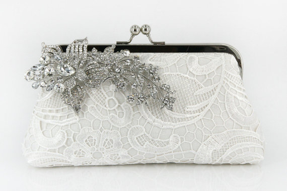 زفاف - Ivory Bridal Lace Clutch with Rhinestone Lace Brooch 8-inch LHERITAGE - New