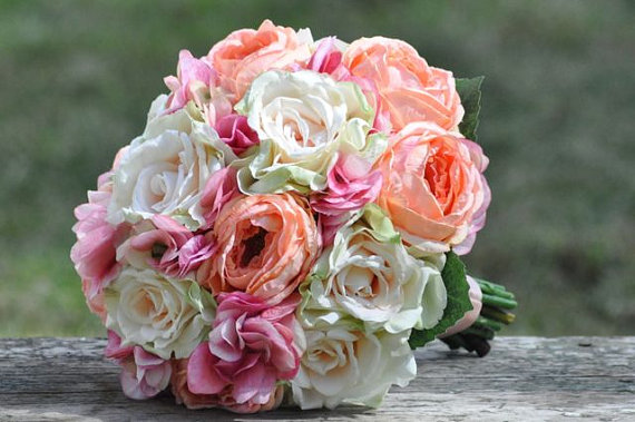 Wedding - Wedding Bouquet, Keepsake Bouquet, Bridal Bouquet, made with Pink Hydrangea, Coral Cabbage Rose and Blush Rose silk flowers. - New