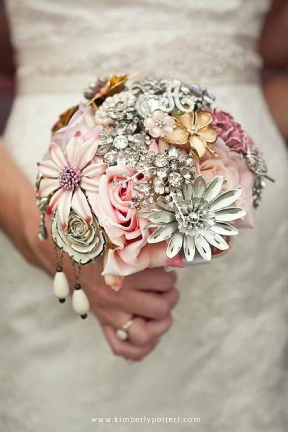 Wedding - Brooch Bouquet - Custom Heirloom Bouquet with Silk Flowers Handmade by The Ritzy Rose - High Quality Soldered Designer - New