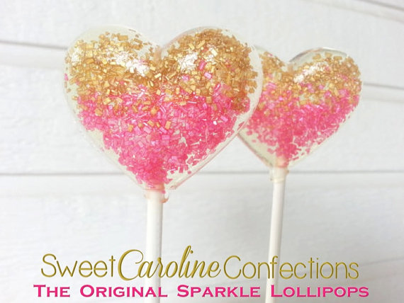 Hochzeit - Hot Pink and Gold Ombre Heart Lollipops