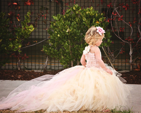Hochzeit - Lace and Tulle Flower Girl Dress -Formal Wear Tutu and Detachable Train--Pink Champagne--Perfect for Weddings, Pageants and Portraits - New