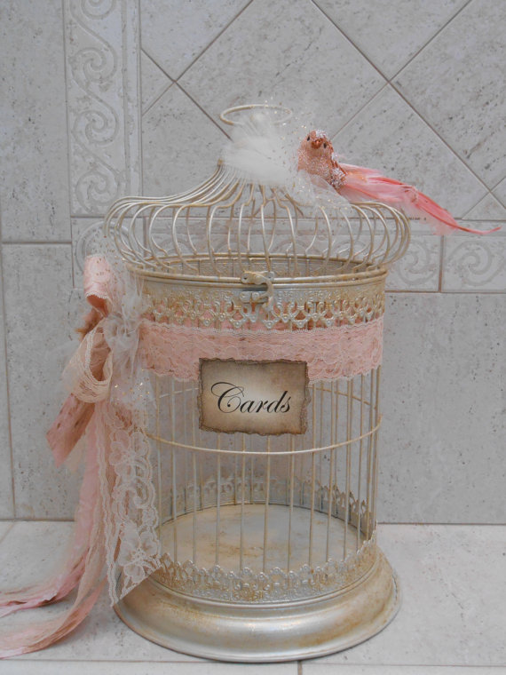 Wedding - Birdcage Wedding Card Holder / Shabby Birdcage / Vintage Wedding Card Holder / Card Box / Distressed Wedding Decor / Pink and Gold Wedding - New