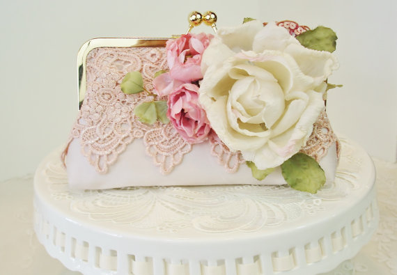 Wedding - Vintage Victorian Style Pink Lace Wedding Clutch