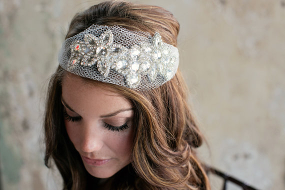 Wedding - Crystal Bridal Hair Bandeau on Honeycomb Netting
