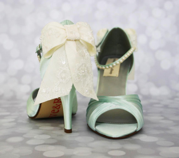 Hochzeit - Mint Peep Toe Shoes with Ivory Lace