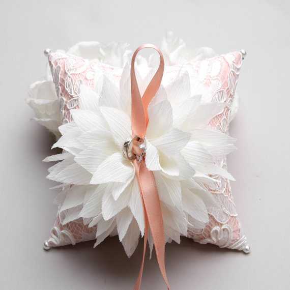 Hochzeit - Pillow with white flowers on peach cushion