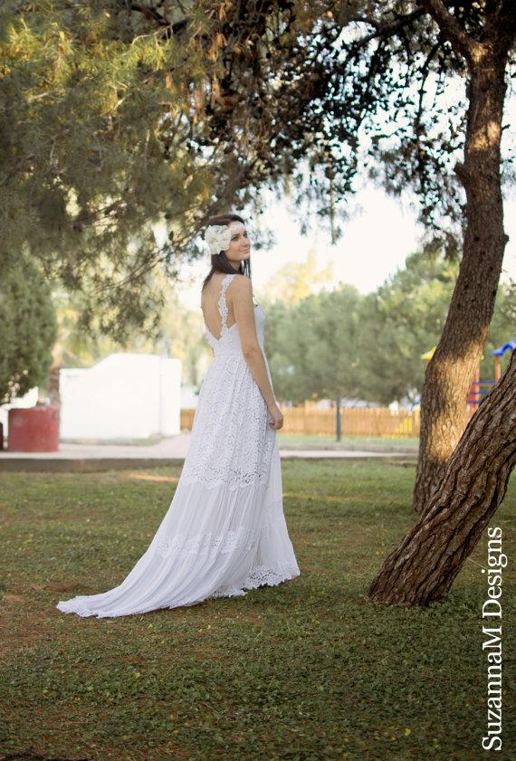 Wedding - White Lace Bohemian Wedding Dress Boho Bridal Long Wedding Gown - Handmade by SuzannaM Designs - New