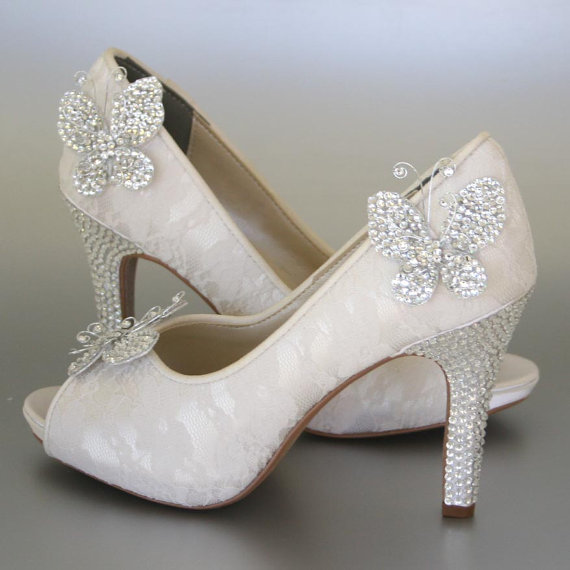 Hochzeit - Wedding Shoes -- Ivory Peeptoes with Lace Overlay, Rhinestone Heel and Platform and Rhinestone Butterflies - New