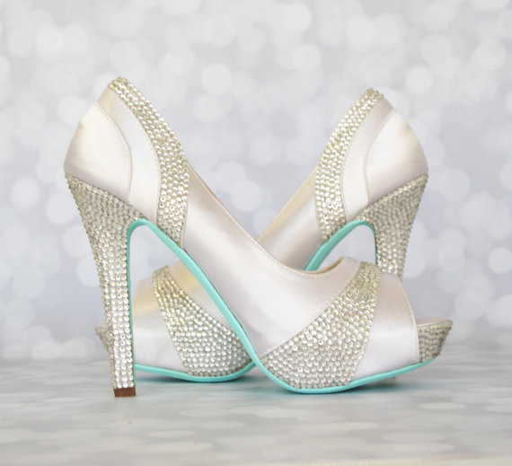 زفاف - Wedding Shoes -- White Platform Peep Toe Wedding Shoes with Silver Rhinestone Heel and Pleats and Blue Painted Sole - New