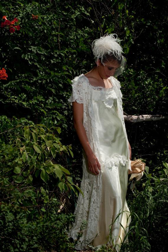 Wedding - 1930s wedding Vintage Lace Wedding dress coat with satin  backless gown vintage inspired original design - New