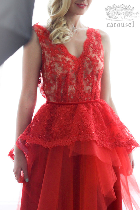 زفاف - Red lace evening dress, open back dress. Floor lenth - New