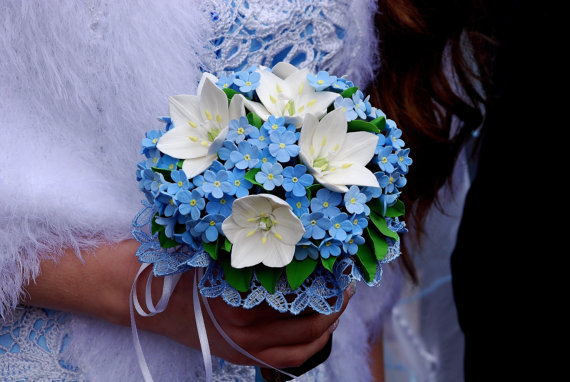 زفاف - Make to order.  Wedding bouquet with white ornithogalum and forget-me-not, polymer clay. Made by order . - New