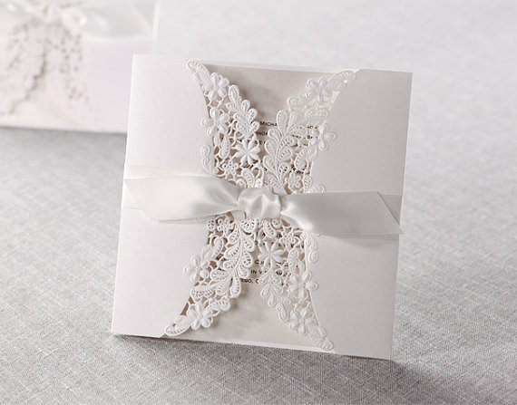زفاف - Lace and Ribbon Wedding Invitations Laser Cut Printable Customized Unique Set, Bridal Shower - Pack of 50 - New