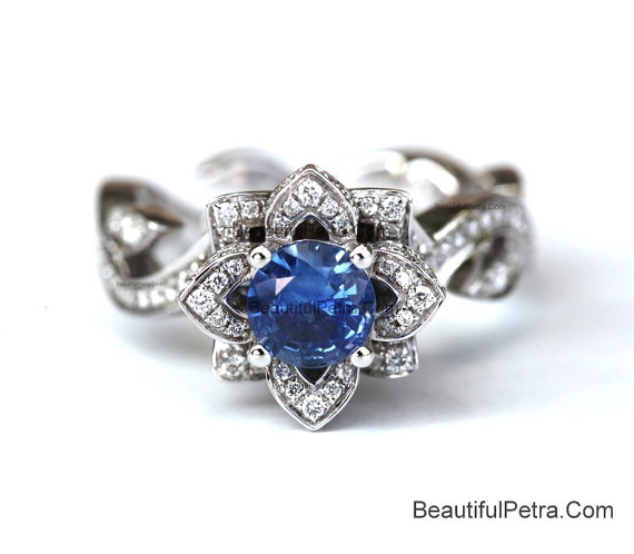 Свадьба - BLOOMING Work Of Art - Flower Rose Lotus Diamond Engagement Ring - Blue sapphire - 14K white gold -fL07 BeautifulPetra Patented design - New