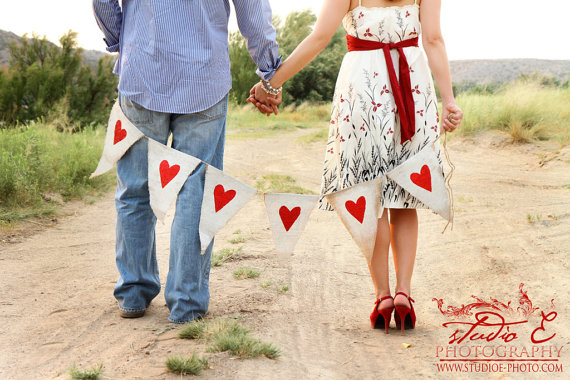 Wedding - Ready to ship..White Painted Burlap with Red Glitter Hearts...Wedding Photo Prop - New