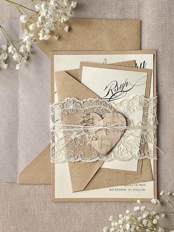 Свадьба - Custom listing (100) Rustic Lace Wedding Invitation, Calligraphy Wedding Invitations, Recycled Lace Wedding Invitation, Eco Invitation - New