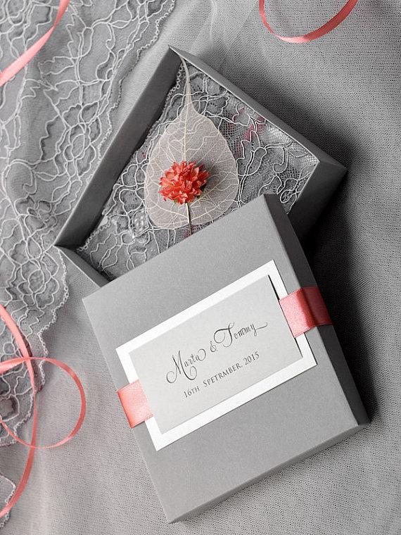 Wedding - Custom listing (100) Box and Lace Wedding Invitation, Vintage Wedding Invitations ,Coral and grey  Box Wedding invitation - New