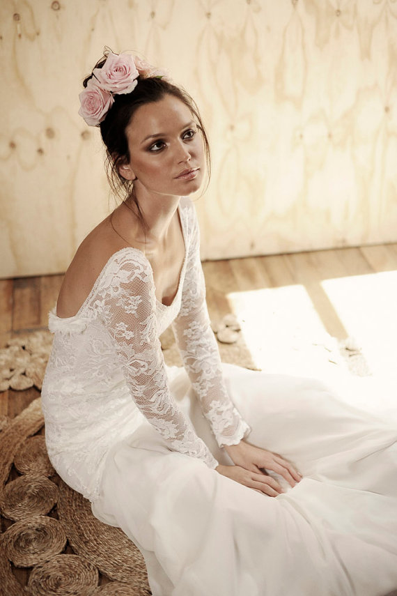 Свадьба - Long lace sleeve wedding dress with stunning low back and silk chiffon train boho vintage bride - New