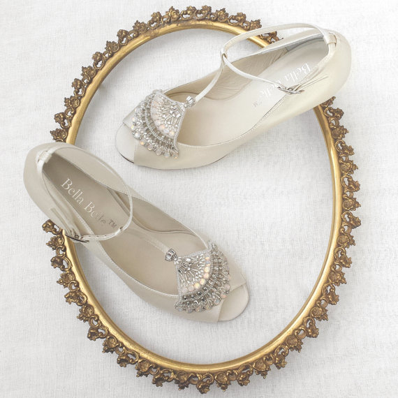 زفاف - Art Deco Ivory Wedding Shoes with Great Gatsby Beaded Crystal Applique Flapper T-Strap Peep Toe Heel Silk Satin Bridal Shoes - New