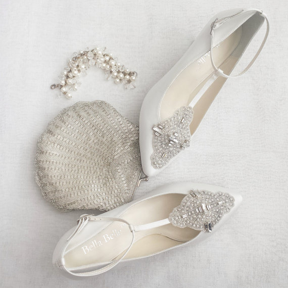 Wedding - Art Deco White or Ivory Wedding Shoes with Great Gatsby Crystal Applique T-Strap Kitten Heel Silk Satin Bridal Shoes - New