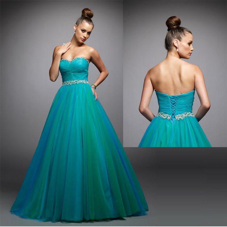 Hochzeit - Teal Blue Green Strapless Bridal Bridesmaid Gown Prom Ball Evening Dress Custom