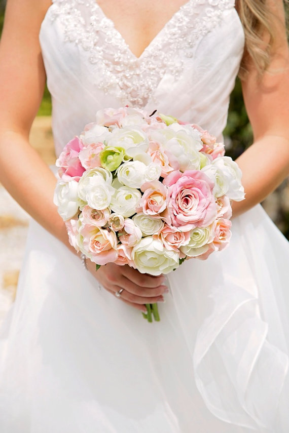 Wedding - Wedding Bouquet, Bride Bouquet, Peach, Pink, Ivory and Green Ranunculus, Pink Roses Bridal Bouquet by Holly's Wedding Flowers. - New