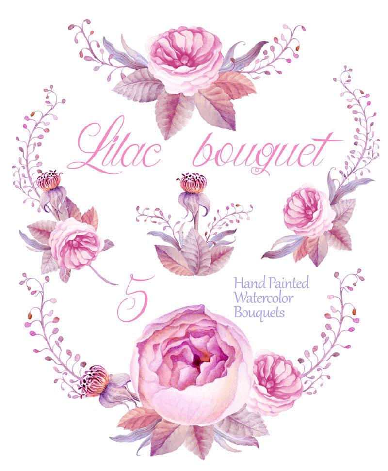 Wedding - Watercolour Clipart - Hand Painted Graphics - Lilac Bouquet - Floral arrangement - Diy Clip Art - Romantic Roses Bouquets