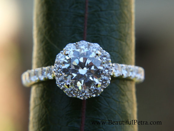زفاف - 14k CUSTOM Made - Diamond Engagement Ring  Semi Mount Setting- .61carat  Round - Flower Halo - Pave - Antique Style - Bp0014 - New