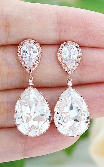 Wedding - Rose Gold Plated Clear White Swarovski Crystal Tear Drops Bridesmaid Earrings
