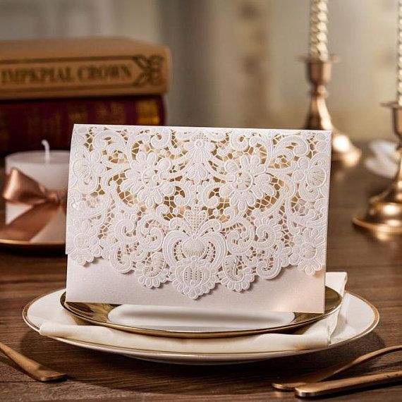 Hochzeit - White Cream Lace Wedding Invitation Card Laser By MyUniqueWedding
