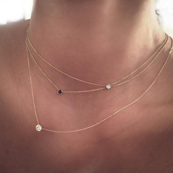 Hochzeit - 14k Gold Tiny Delicate Solitaire Diamond Necklace