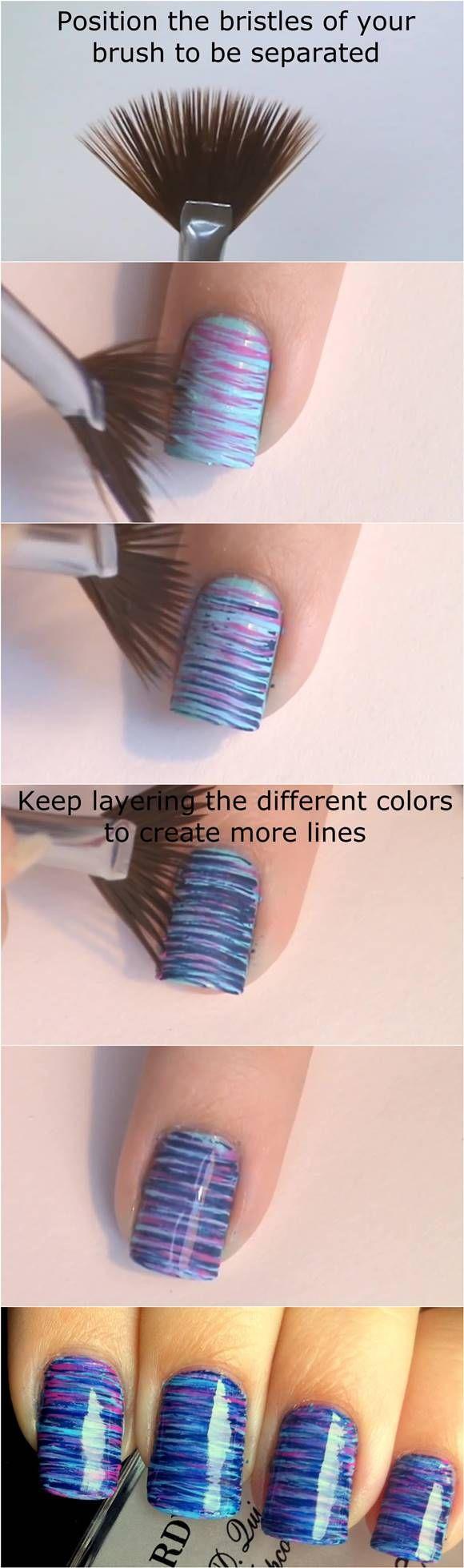 زفاف - How To DIY Blue And Pink Fan Brush Striped Nail Art
