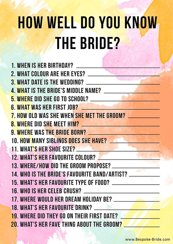 Wedding - FREE PRINTABLE 'HOW WELL DO YOU KNOW THE BRIDE?' HEN PARTY & BRIDAL SHOWER GAME