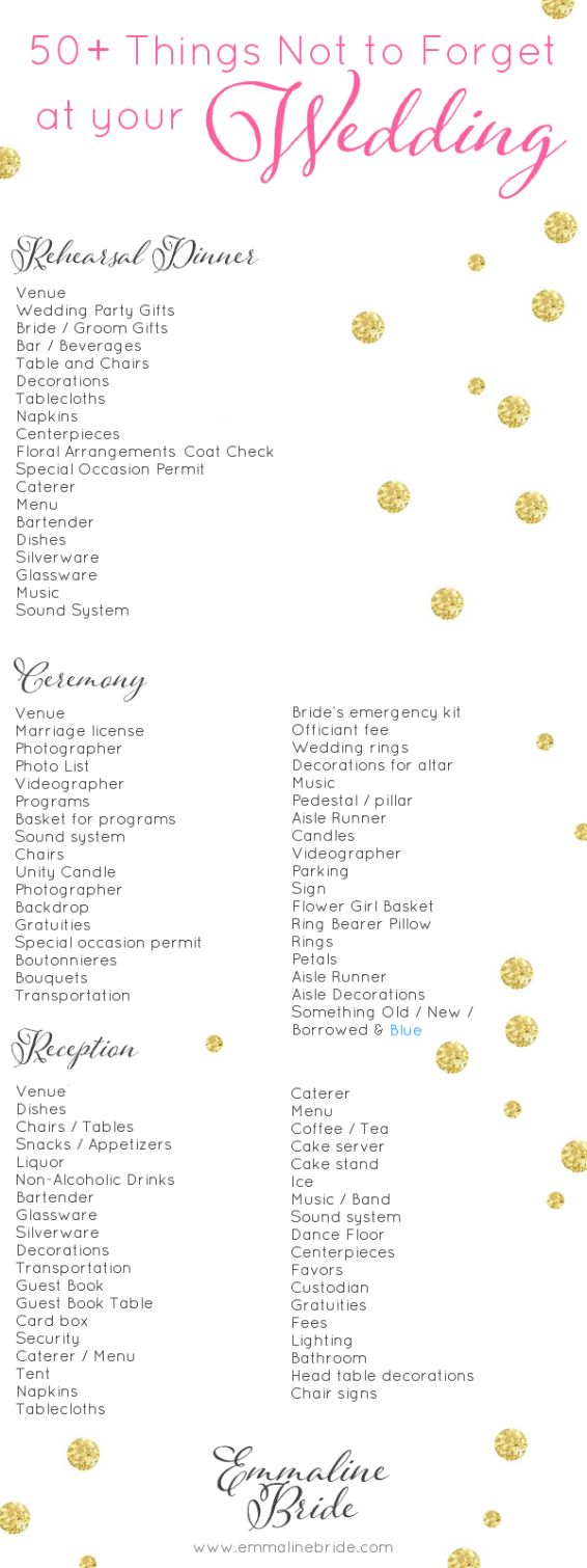 Mariage - Wedding Day Checklist Printable: 50  Things Not To Forget
