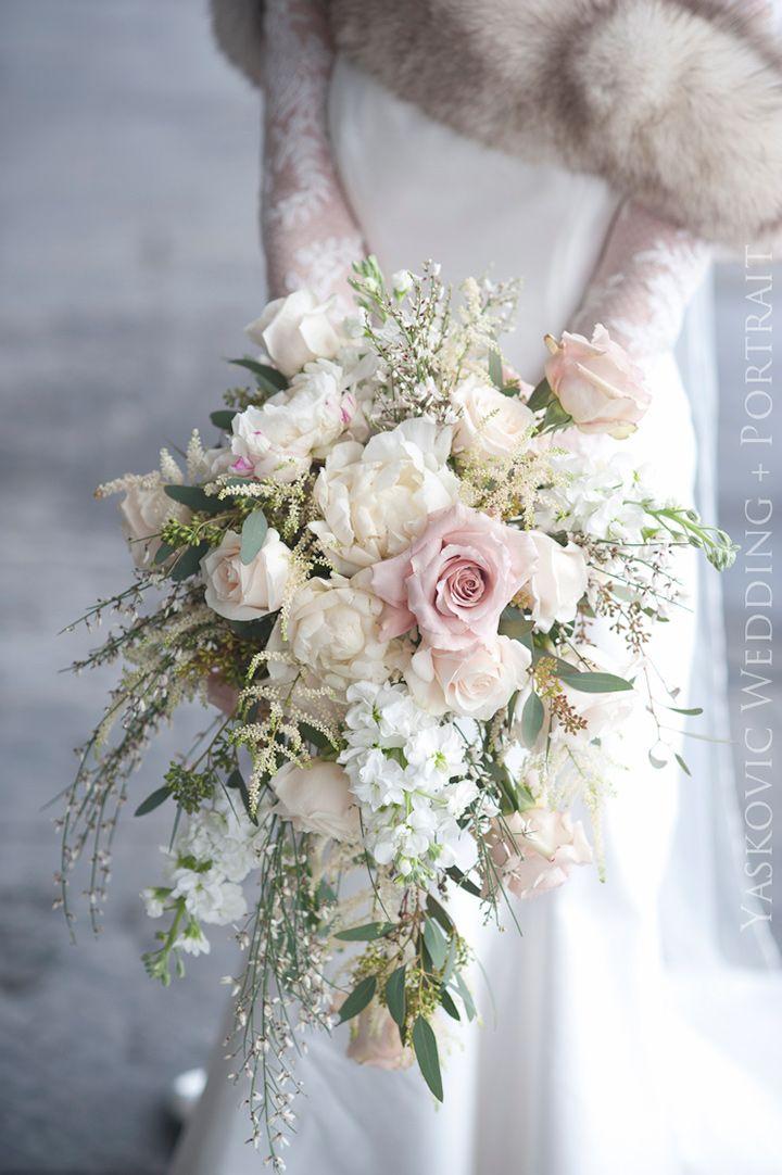 Hochzeit - Exquisite Cascading Ivory And Pale Pink Winter Wedding Bouquet