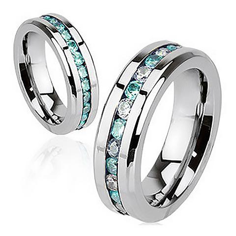 زفاف - Aqua Paragon - Stainless Steel Ring with Embedded Aquamarine and Crystal Cubic Zirconias