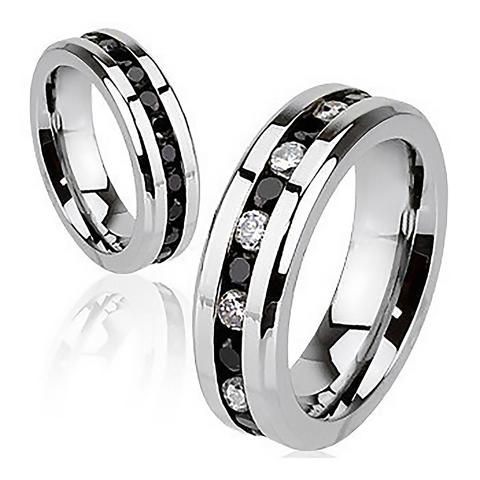 زفاف - Black Paragon - LIMITED QUANTITY Embedded Glittering Black and Clear Cubic Zirconias Polished Stainless Steel Ring