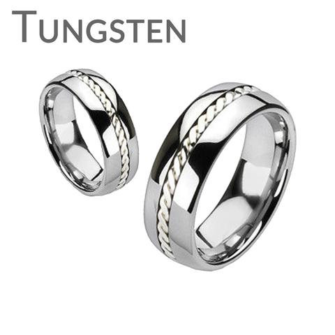 زفاف - Silver Rope - Get Best Of Both Worlds Tungsten Carbide Ring with Sterling Silver Rope Along The Center