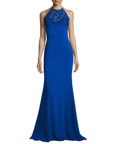 Hochzeit - Sleeveless Lace-Trim Jersey Mermaid Gown, Royal Blue