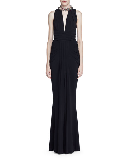 Mariage - Jeweled-Halter Sleeveless Gown, Black