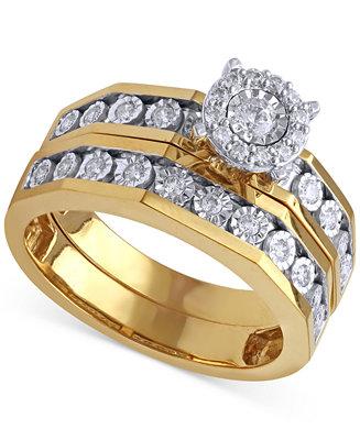 Hochzeit - Beautiful Beginnings Beautiful Beginnings Diamond Halo Engagement Ring and Wedding Band Set (1/3 ct. t.w.) in 14k Gold and White Gold