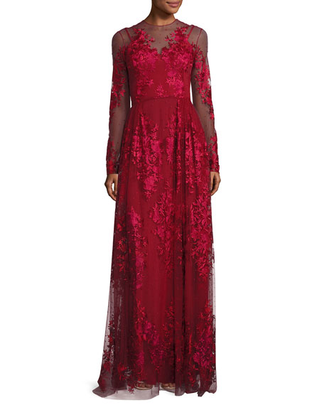 زفاف - Floral-Embroidered Long-Sleeve Gown, Scarlet