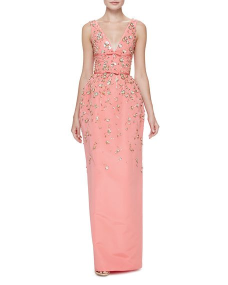 Mariage - Floral-Embellished Sleeveless V-Neck Gown, Shell Pink